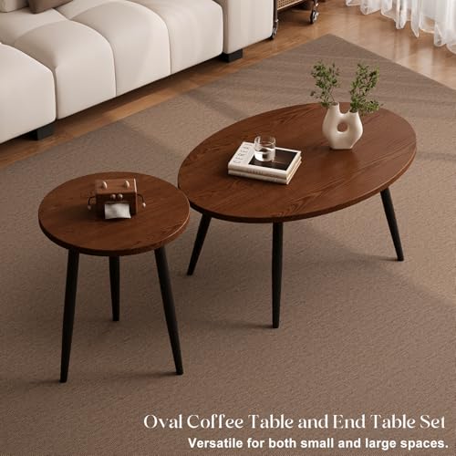 2-Piece Nesting Coffee Table Set, Mid-Century Modern Walnut Oval Tables