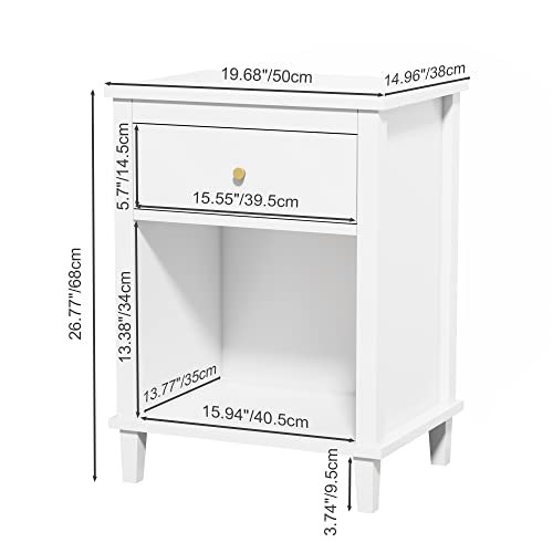 Extrasleep Kids Nightstand with Storage Drawer - White, 27"H Toddler Bedside Table for Boys & Girls, Modern End Table with Shelf