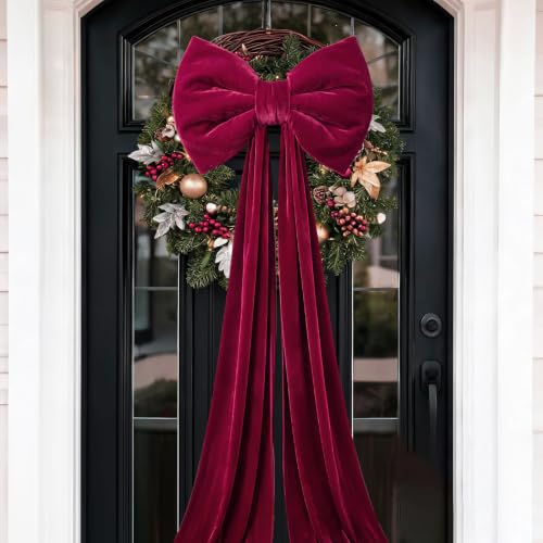 Large Red Velvet Christmas Tree Topper Bow with Long Tails
