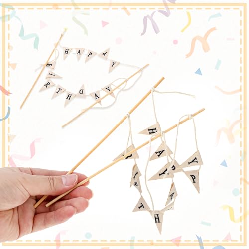 Happy Birthday Cake Topper Bunting Banner with Wooden Poles, Beige