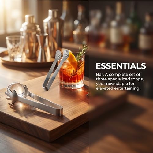 3-Piece Stainless Steel Ice Tongs Set for Cocktails & Food Serving