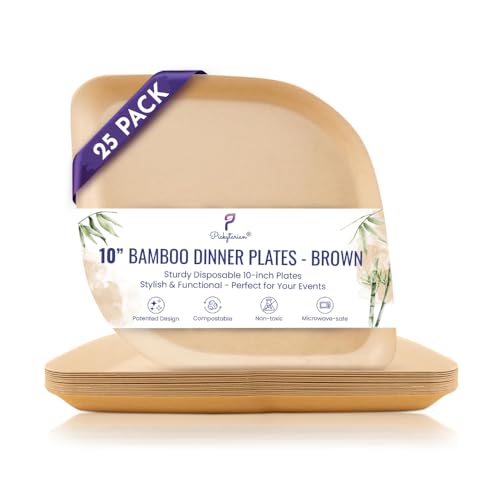 Pickytarian 10 Inch Brown Bamboo Plates 25 Pack Compostable Disposable Dinnerware for Weddings & Events