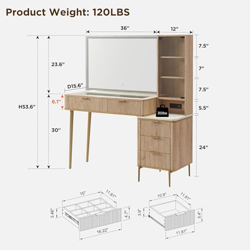 Fluted Makeup Vanity Desk with 36" Lighted Mirror and 5 Drawers, Oak