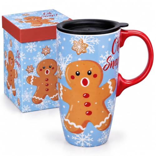 Topadorn Light Blue Christmas Ceramic Travel Mug with Gingerbread Man Lid 17oz