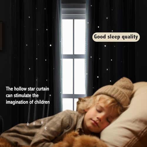 Star Cutout Blackout Curtains, Double Layer Lace Drapes 52x63 Inch