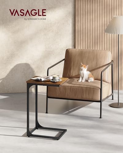 C-Shaped End Table, Small Sofa Side Table with Metal Frame, Rustic Brown