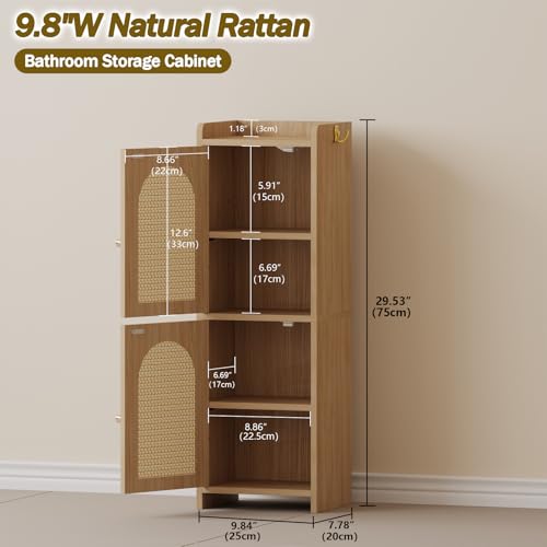 Narrow Rattan Bathroom Storage Cabinet with 2 Doors and Adjustable Shelf