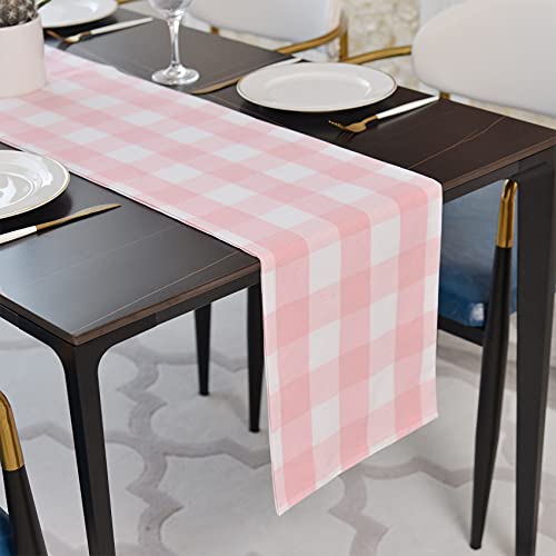 NATUS WEAVER Pink & White Buffalo Check Table Runner 12 x 60 in — 2-Sided Cotton, Pink&White, 1 pc