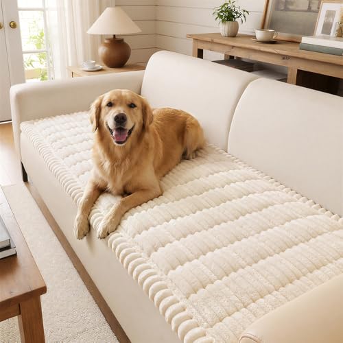 Non-Slip Plush Pet Sofa Protector - Washable Couch Cover, White (27.6" x 59")