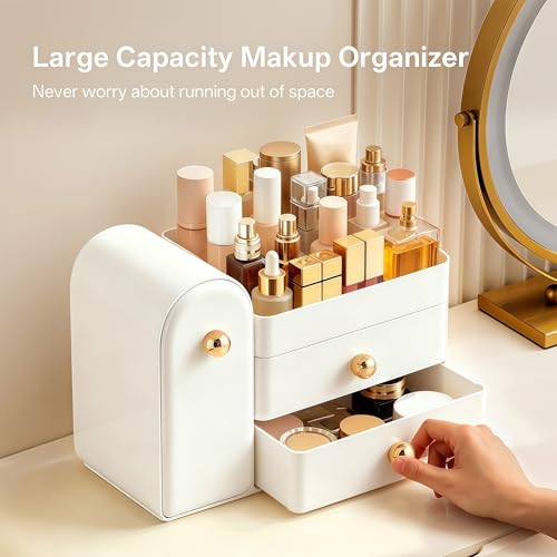 HBlife All White Large Makeup Organizer with Drawers & Brush Holder - Vanity Storage