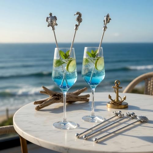 Homestia Ocean Series 6-Piece 7.5'' Metal Coffee & Drink Stir Sticks with Animal Tops