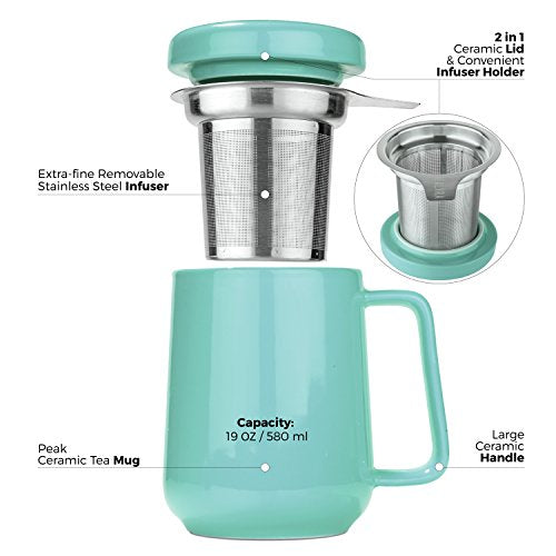 Tealyra Peak Turquoise Ceramic Tea Cup with Infuser - 19oz Large Mug for Hot Tea