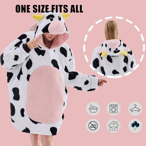 JUOLOET Pink Cow Wearable Blanket Hoodie for Adults, Hooded Sherpa Fleece with Pocket