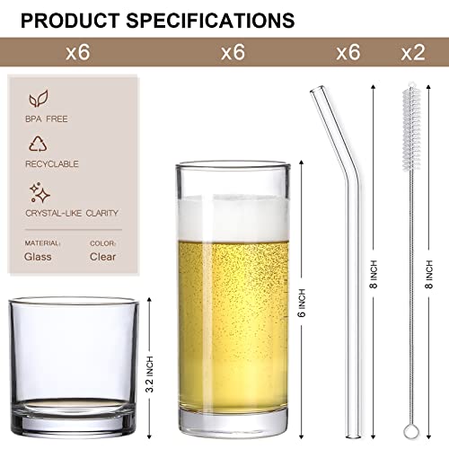 12-Piece Glassware Set: Highball and Rock Drinking Glasses with Straws
