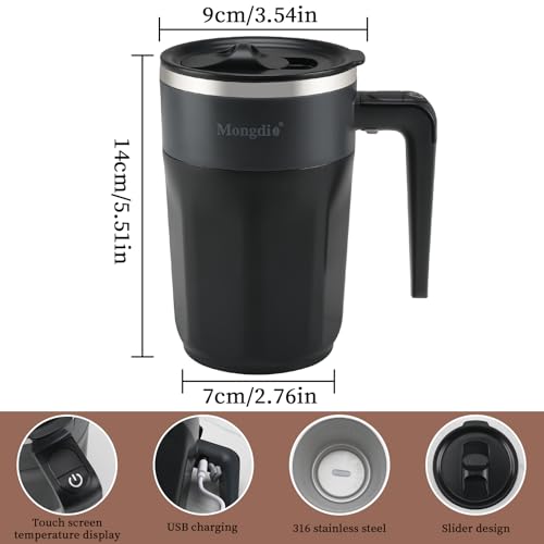 Mongdio Self Stirring Coffee Mug 13.5oz with Temperature Display - Black