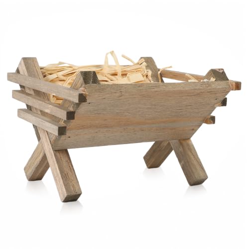 Fangoo 4 Inch Wooden Nativity Manger with Hay - Religious Christmas Decor