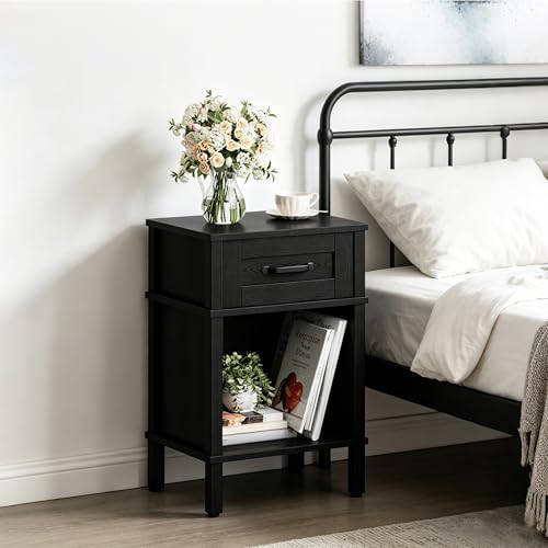 Modern Black Nightstand with Drawer - Small Wooden Bedside End Table