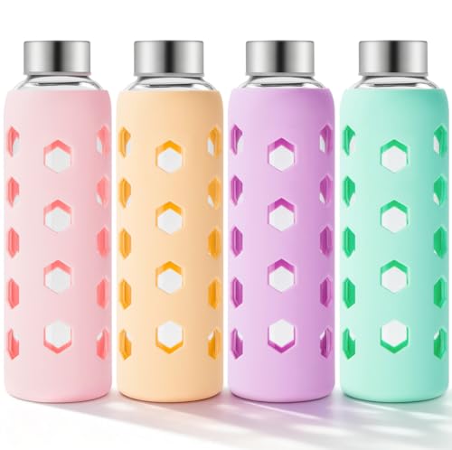 18 oz Glass Water Bottles with Silicone Sleeves and Lids, 4-Pack