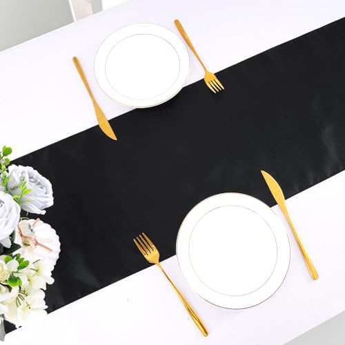 Yeabwps Black Satin Table Runner 12 x 108 Inches, Pack of 4 for Weddings & Parties