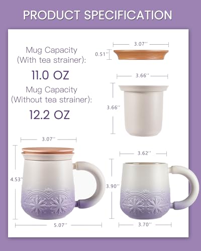 ZENS 12oz Purple Tea Mug with Infuser & Wooden Lid – Handcrafted Ceramic, Oolong & Loose Leaf Compatible