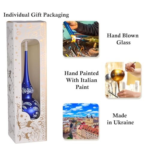 Blue Glass Christmas Tree Topper - Handcrafted Snow Glitter Finial, 11 Inch