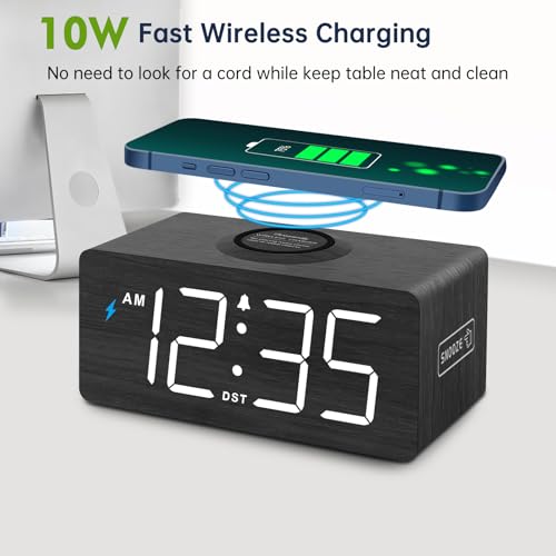 Wooden Digital Alarm Clock with Wireless Charging Station & USB Port