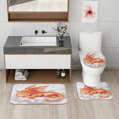 4-Piece Cute Sleeping Dragon Bathroom Set with Shower Curtain & Bath Rugs