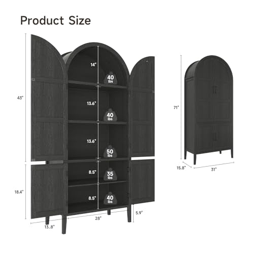 71-Inch Tall Arched Pantry Cabinet, 5-Tier Wooden Storage Organizer