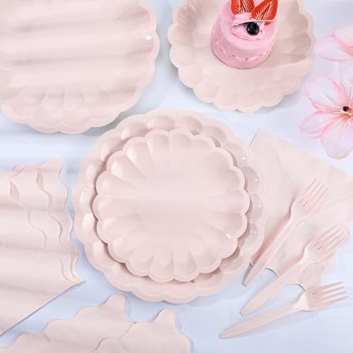 96-Piece Pink Scalloped Paper Plate and Napkin Party Set for 24 Guests