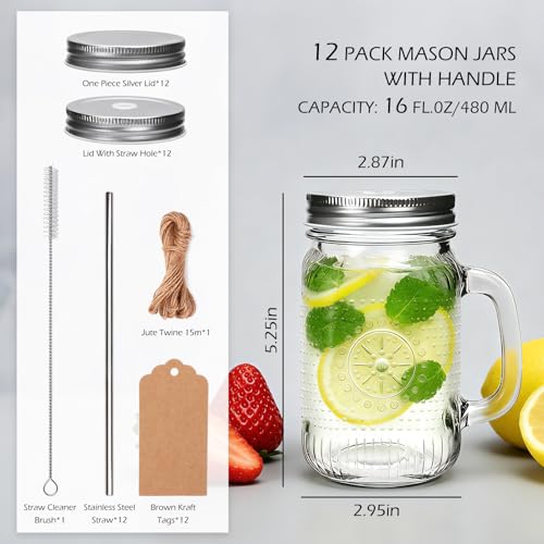 Encheng Silver Mason Jar Cups with Handle 16 oz, Vintage Glass Drinkware with Lids & Straws – Reusable Food Storage & Beverage Glasses, 12 Pack