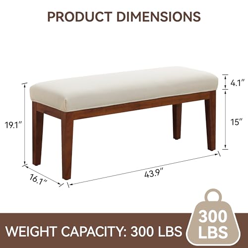 43.5-Inch Upholstered Bedroom Bench with Solid Wood Legs, Cream White