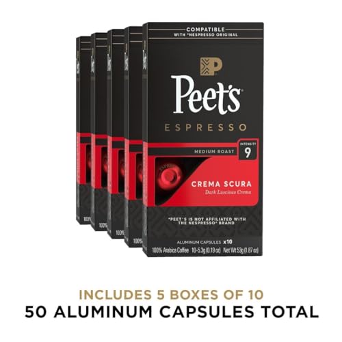 Peet's Coffee, Medium Roast Espresso Capsules, Compatible with Nespresso Original Machine - Crema Scura Intensity 9, 50 Count (5 Boxes of 10 Espresso Capsules)