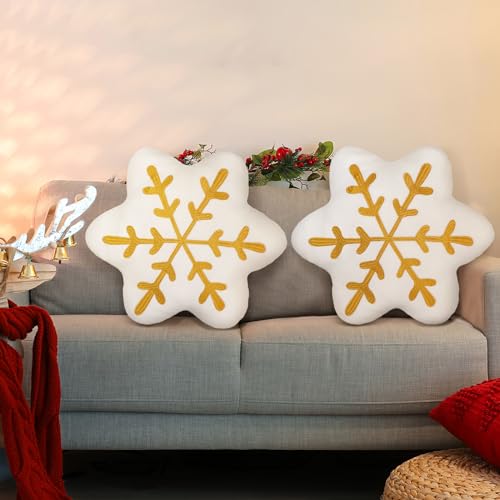 Soaoo Gold Snowflake Throw Pillows, 2-Pack Sherpa 13.8in Cushions for Sofa/Bed