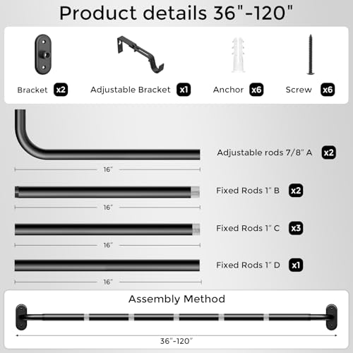 Wrap Around Blackout Curtain Rod, 36-120 Inch Heavy Duty Black Metal Rod
