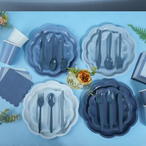 AimFun Dusty Blue Scalloped Plates & Napkins Party Set for 24 Guests (168 pcs)