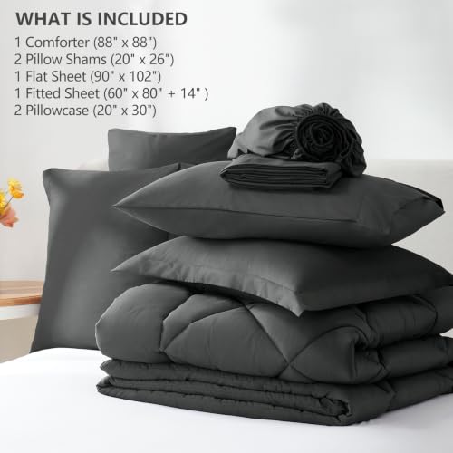 CozyLux Queen Comforter Set 7-Piece Bed in a Bag Dark Grey Microfiber