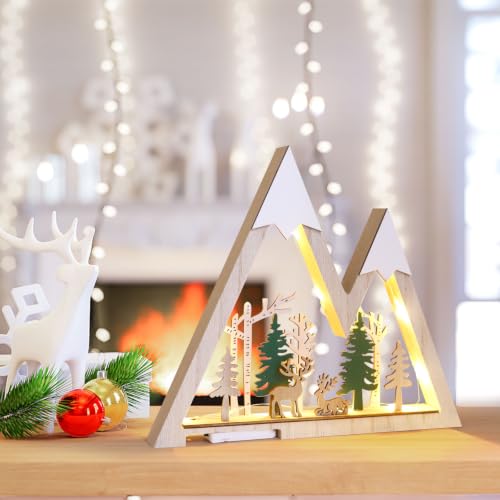 CCINEE Lighted Wooden Reindeer Table Decor – Battery-Operated Christmas Tree Scene