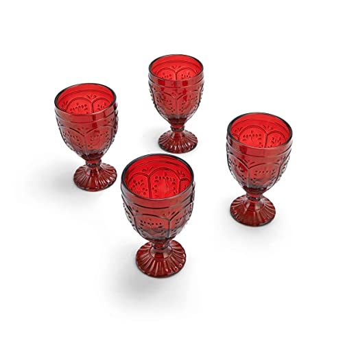 Red Ornate Glass Goblets, 12 oz Vintage Patterned Drinking Glasses, Set of 4