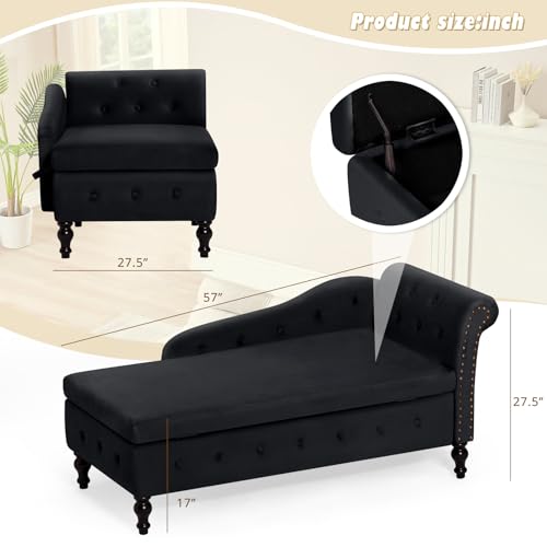Velvet Chaise Lounge with Storage and Right Armrest, Black Tufted Sofa