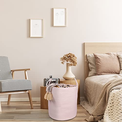 Pink Cotton Rope Laundry Basket - Tall Woven Nursery Hamper for Toys & Blankets