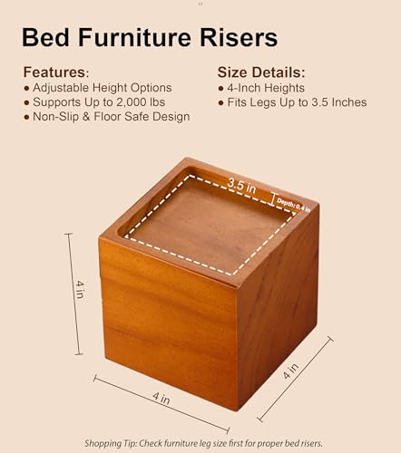 Solid Pine Wood Bed Risers - 4 Inch Height for Extra Storage
