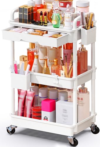 White 3-Tier Makeup Cart Organizer with Drawer - Rolling Vanity Storage