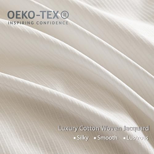 100% Cotton Jacquard Duvet Cover Queen Set, 90x90 Inch, White Striped