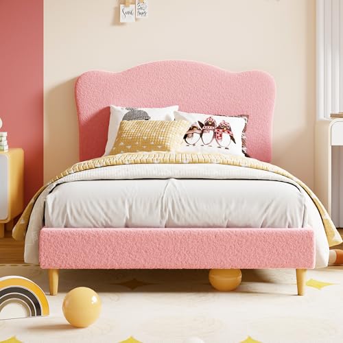 Twin Upholstered Platform Bed Frame with Scallop Headboard, Pink Berber Fleece