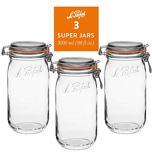 Le Parfait Super Jar - 3L French Glass Canning Jars, Wide Mouth, Airtight Lid (96oz/3 Quarts, 3 pk CP)
