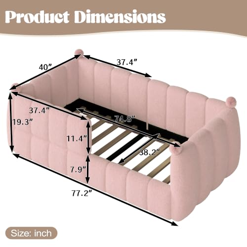 Twin Size Upholstered Montessori Floor Bed with Safety Rails, Pink