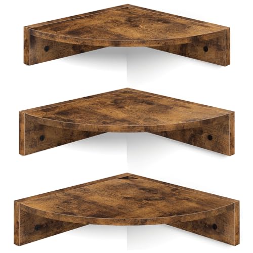 3-Tier Floating Corner Shelves with Cord Management, Rustic Wood Wall Mount