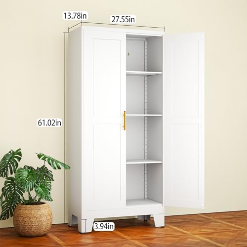 61-inch Metal Storage Cabinet with 3 Adjustable Shelves, White Steel Pantry