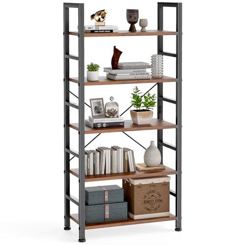 5-Tier Tall Bookshelf Industrial Bookcase Display Organizer, Rustic Brown