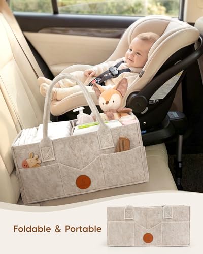 Large Felt Diaper Caddy Organizer - Khaki Portable Nursery Storage